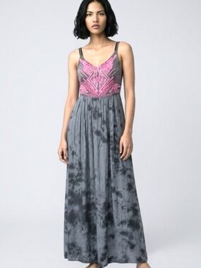 Anthropologie Japan Maxi Dress XS Grey Tie Dye Pink Embroidered Boho Smocked